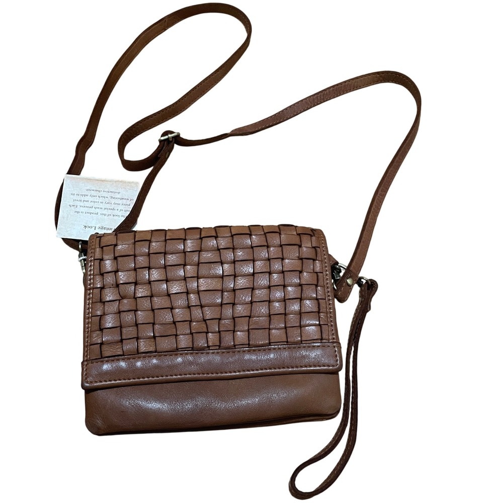 Brown Woven Leather Crossbody‎ Bag Vintage Look Adjustable Strap Boho NWT
